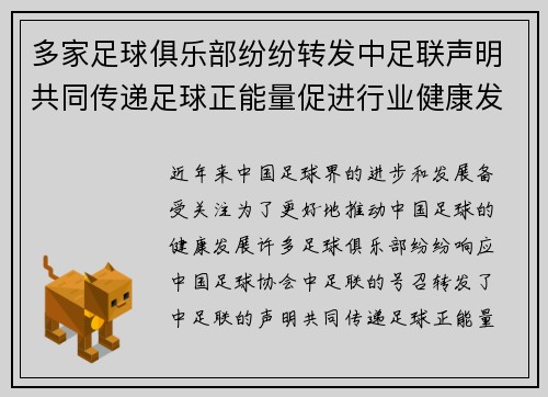 多家足球俱乐部纷纷转发中足联声明共同传递足球正能量促进行业健康发展